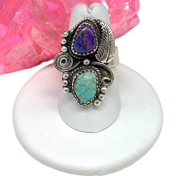 Purple Copper Turquoise Ring Solid 925 Sterling Silver Adjustable 6.5 7 7.5 8 - Picture 1 of 11